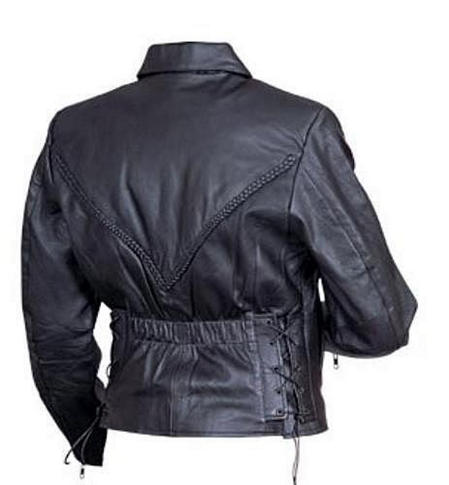 (image for) Ladies black cowhide leather jacket with braided yoke & side laces